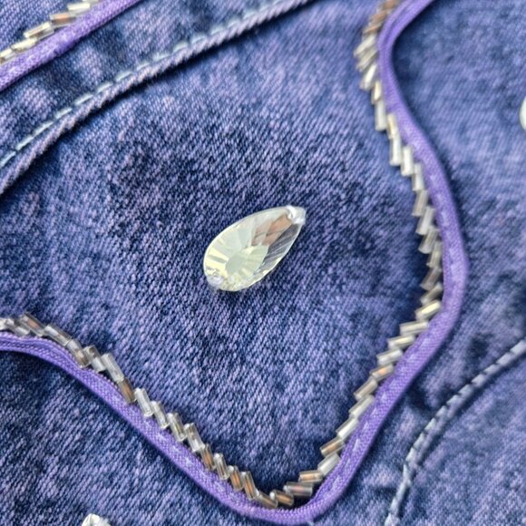 Vintage 80s Short Denim Belted skirt Size M Rhinestone Beaded Above Knee - Picture 5 of 8